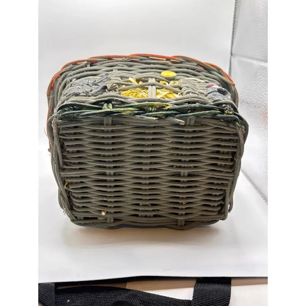 Vintage Halloween Blue & Orange Wicker Basket Handle Witch Bats 10